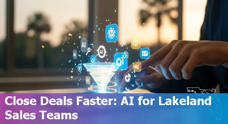 Lakeland sales professional using AI tools on laptop with Lakeland city skyline in the background