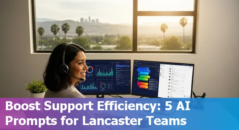 Customer service representative using AI prompts on a laptop in Lancaster, California.