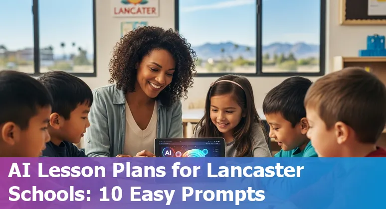 Teacher using AI prompts on a laptop with Lancaster, California school in background