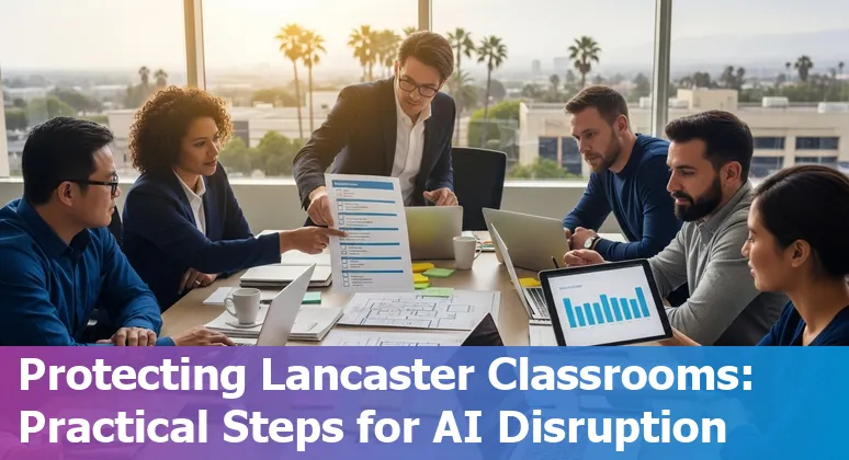 Lancaster school office with bilingual staff and a laptop showing PowerSchool dashboard, highlighting AI impact on education jobs.