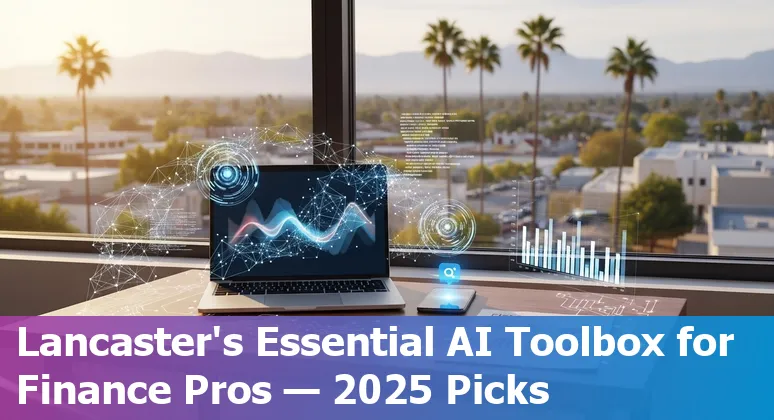 Collage of AI tools logos overlaid on a map pin at Lancaster, California, with finance icons (charts, invoices, calculator)
