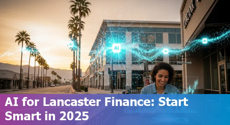 Illustration of AI in financial services with Lancaster, California, US skyline and finance icons