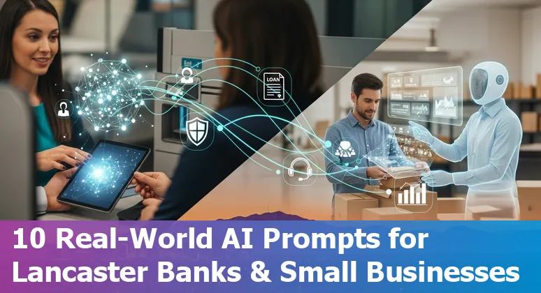 Illustration of AI use cases in finance with Lancaster, California map and icons for fraud detection, chatbots, underwriting, and charts.