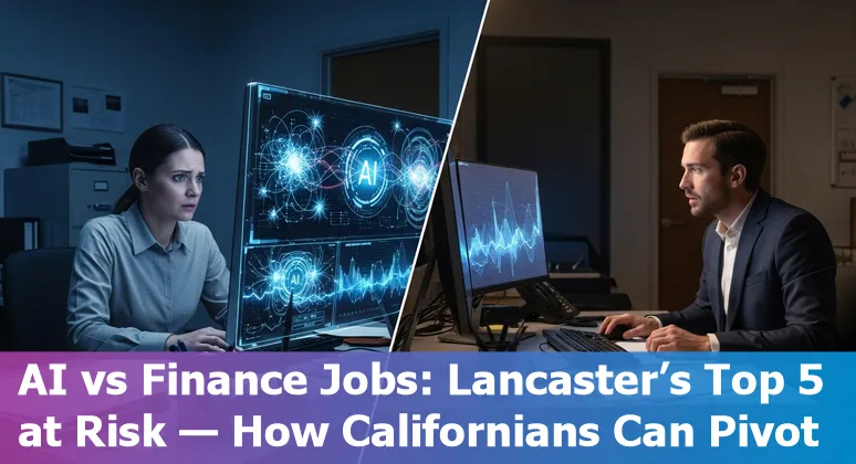 Person working on a laptop with finance documents, chart overlays, and AI icons representing automation in Lancaster, California.