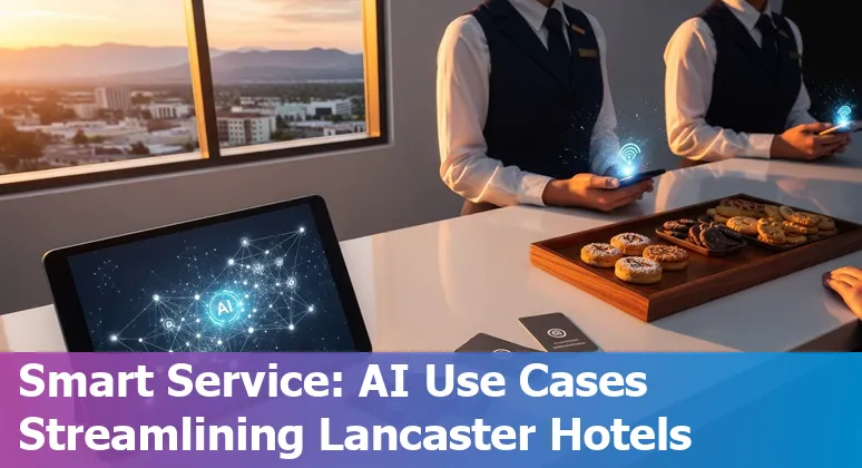 Hotel front desk using AI agent on screen helping bookings and guest services in Lancaster, California.