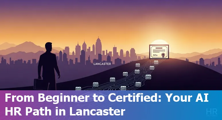 HR professional using AI tools on laptop in Lancaster, California skyline background, 2025