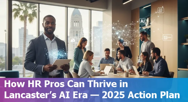 HR professional using AI tools on a laptop in Lancaster, California, US skyline background