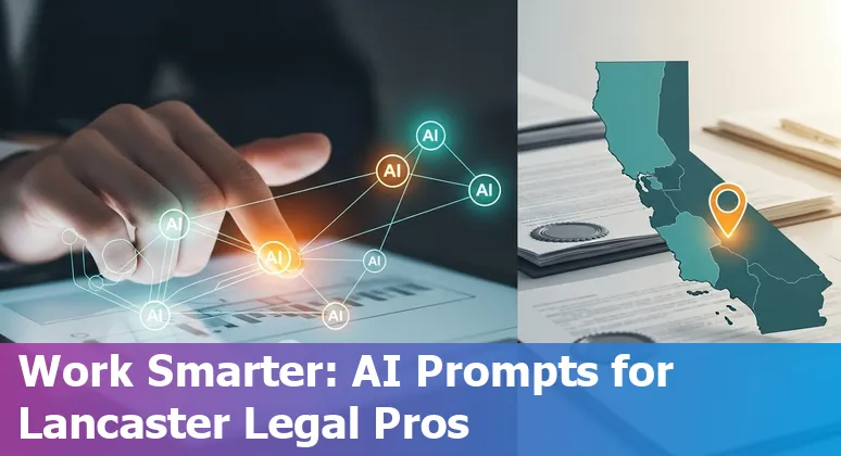 Legal professional in Lancaster using AI prompts on a laptop with law books and Lancaster skyline in the background.