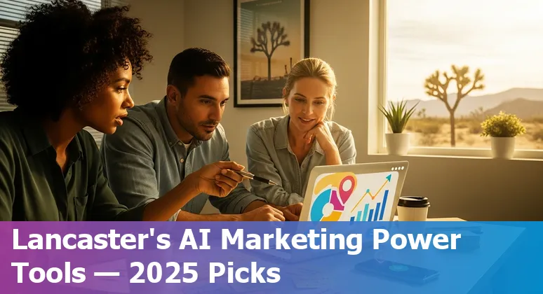 Collage of AI marketing tools logos and Lancaster local landmarks representing local digital marketing in 2025