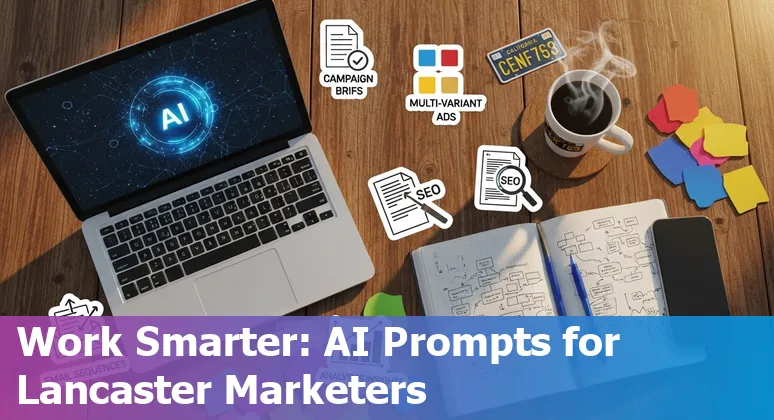 Marketing professional using AI prompts on a laptop to create ad copy and email sequences for a small business in Lancaster, California.