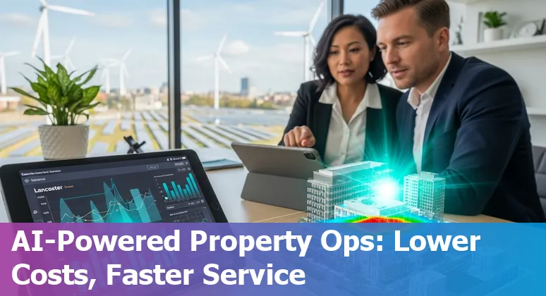 Lancaster, California real estate building with AI icons showing energy savings and tenant communication
