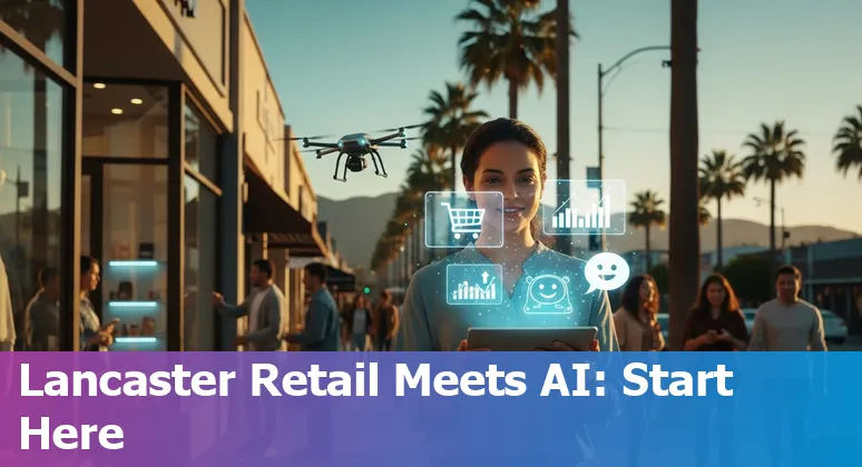 AI-powered retail storefront concept showing Lancaster, California store with AI icons and local customers in 2025