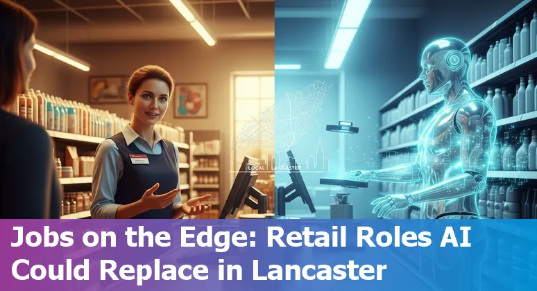 Retail worker using AI tools alongside customers in a Lancaster California store — adapting jobs to automation.