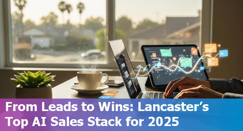 Collage of AI sales tools logos and a sales rep working on a laptop in Lancaster, California.