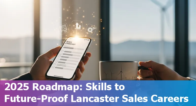 Sales rep using AI tools on laptop in Lancaster, California, US skyline in background