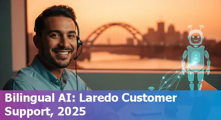 Customer service agent using AI chatbot on a laptop in Laredo, Texas, US, offering bilingual support in 2025