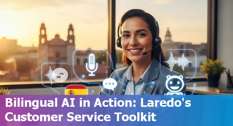 Customer service agent using AI chat tools on laptop with Laredo skyline in background