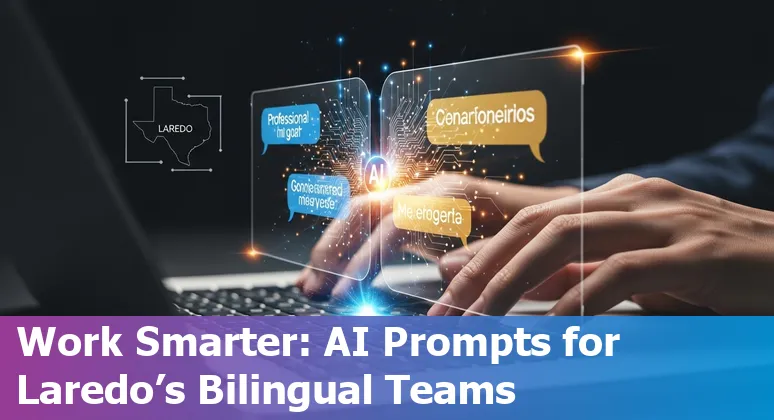Customer service agent using AI prompts on a laptop, bilingual messages about cross-border shipments in Laredo.
