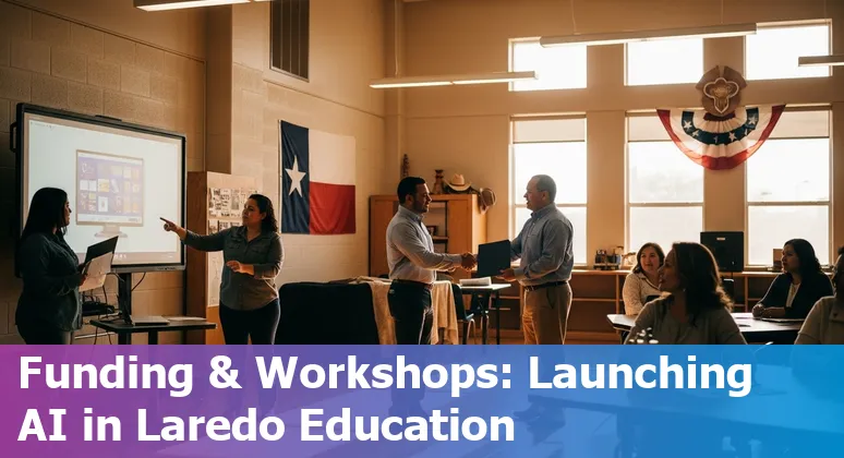 Educators in Laredo, Texas discussing AI in education in 2025, showing tools and workshop materials
