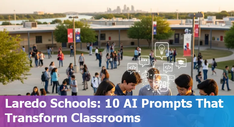 Students and teachers in a Laredo classroom using AI tools on laptops at Pecan Campus with a Digital Learning Symposium banner.