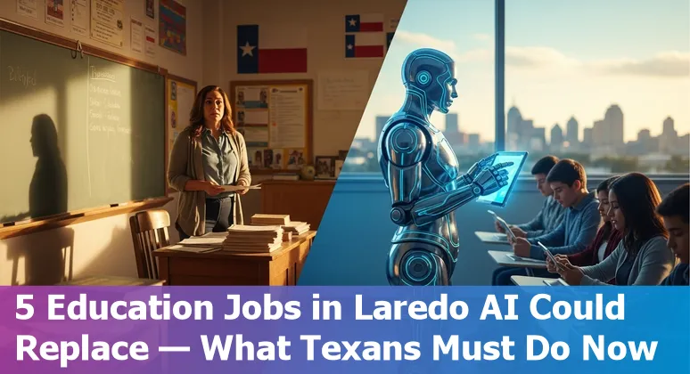 Laredo school staff with AI icons overlay: data, chatbot, grading, and instructional design.