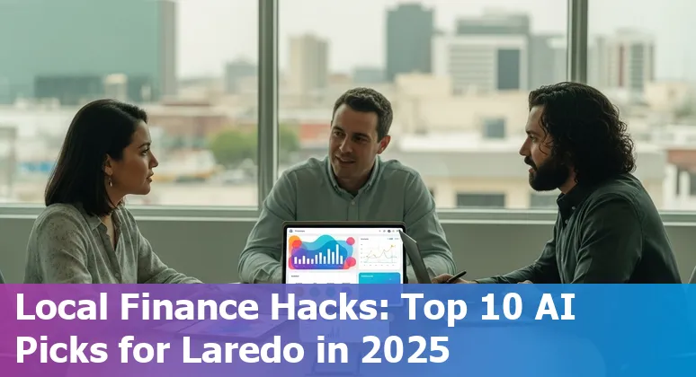 Finance professional in Laredo using AI tools for forecasting and accounts automation on a laptop with Texas skyline.