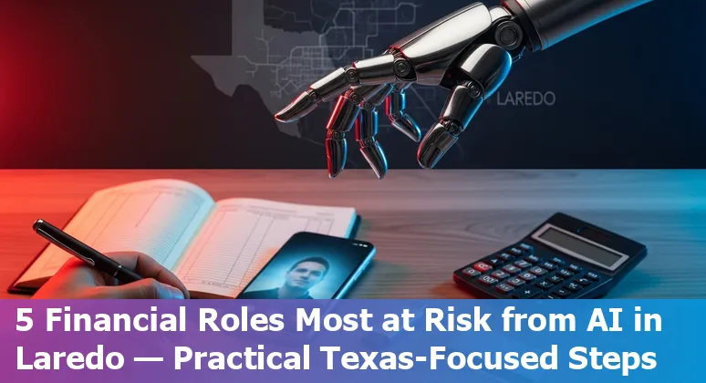 Laredo skyline with financial icons and AI robot overlay showing automation impact on banking jobs