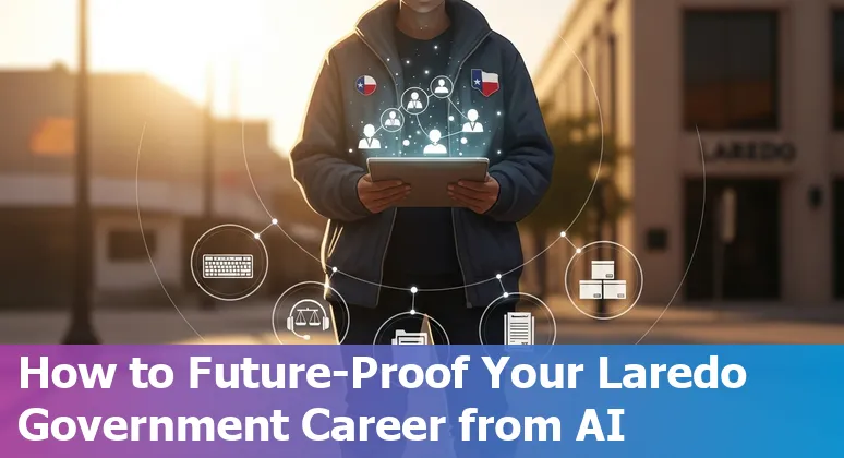 Laredo city government worker at a computer with AI icons, charts, and a maintenance technician near a warehouse robot.