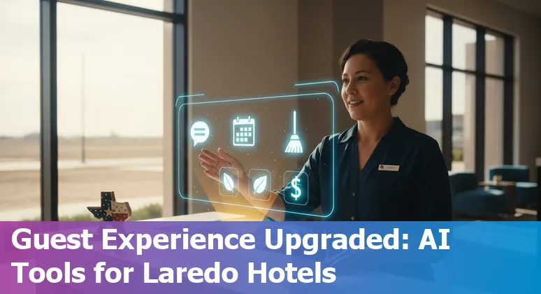 Hotel front desk with AI chatbot, bilingual guest messaging and Laredo skyline in background.