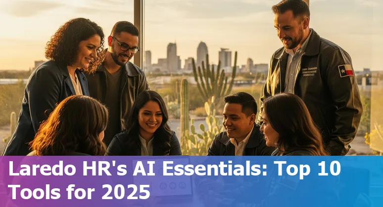 HR professional using AI hiring tools on a laptop, with icons for HireVue, Pymetrics, Paradox, Eightfold, SeekOut, Workday, Beamery, Textio, Culture Amp, and Lattice.