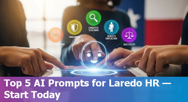 HR professional in Laredo using AI prompts on a laptop with bilingual job postings and benefits materials.