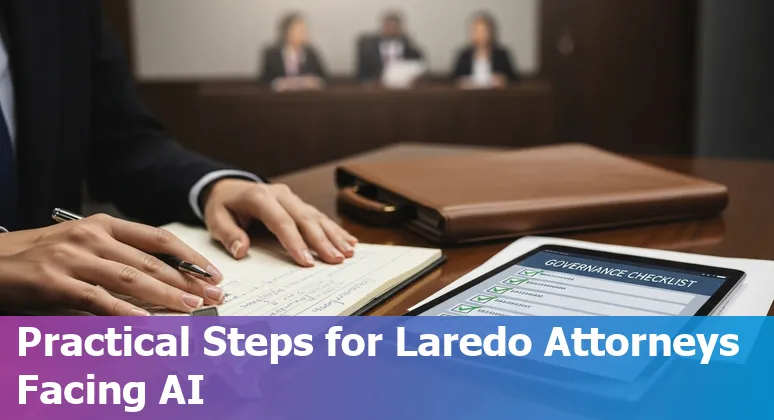 Laredo, Texas lawyer using AI on laptop with courthouse in background — 2025 guidance image