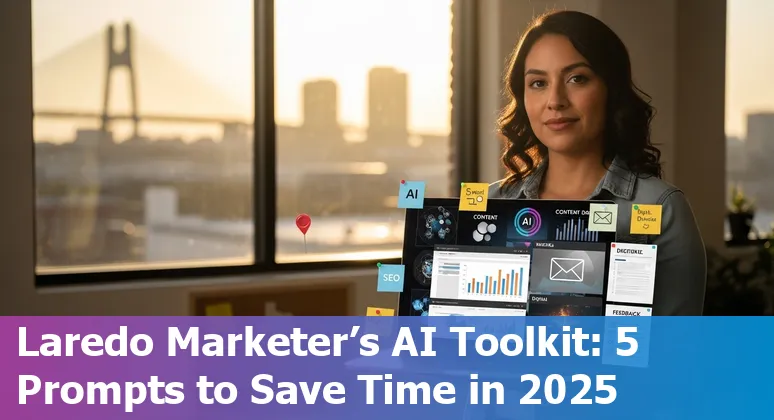Laredo marketer using AI prompts on a laptop, with content calendar and ad mockups visible.