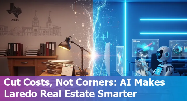 Real estate building with AI icons overlay in Laredo, Texas, US skyline