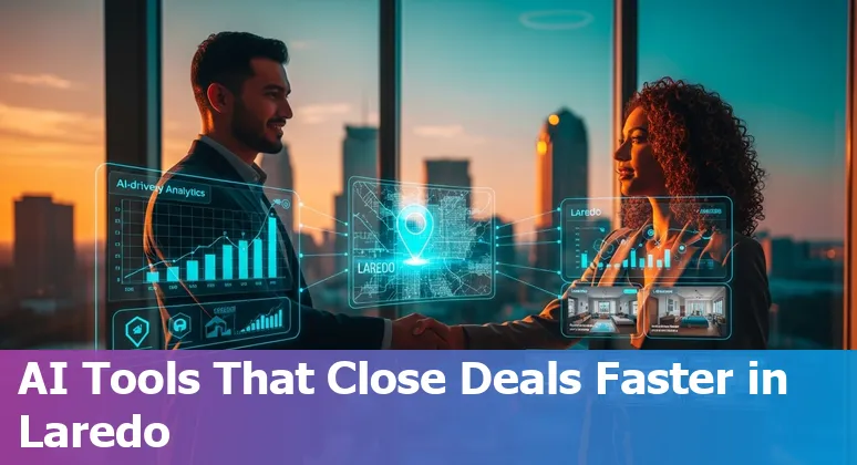 Real estate agent using AI tools on a laptop in Laredo, Texas, 2025 skyline in background