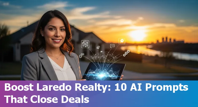 Laredo real estate agent using AI tools on a laptop with bilingual listing content and virtual tour on screen.