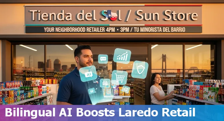 Retail worker using an AI dashboard showing bilingual product recommendations and store-level inventory for Laredo, Texas.