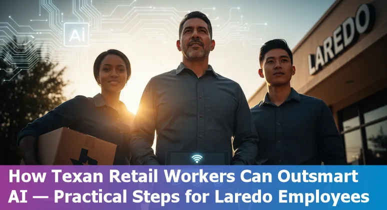Retail worker using tablet while AI chatbot handles customer queries in a bilingual Laredo store.