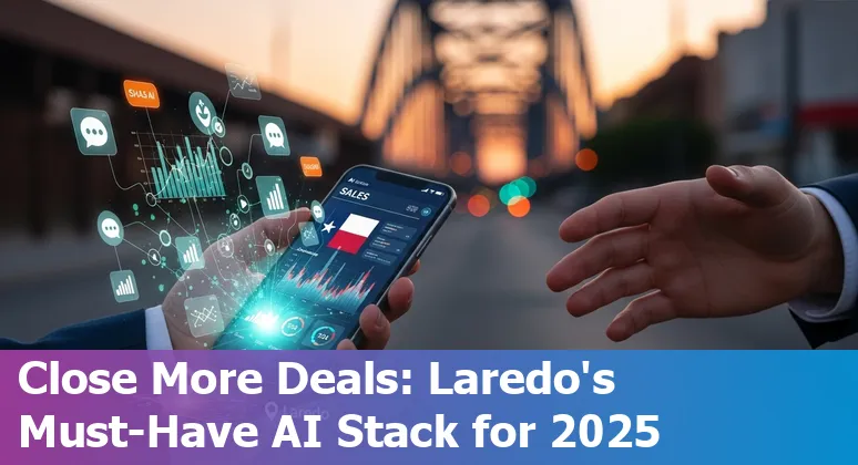 Sales professional in Laredo using AI sales tools on laptop with Laredo skyline in background.