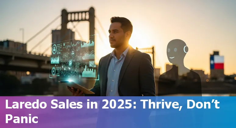 Illustration of AI augmenting a sales rep in Laredo, Texas, US using tools like ChatGPT and Salesforce Einstein