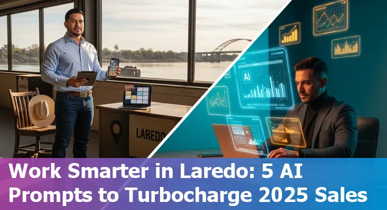 Sales professional in Laredo using AI prompts on a laptop with city skyline and border bridge in background