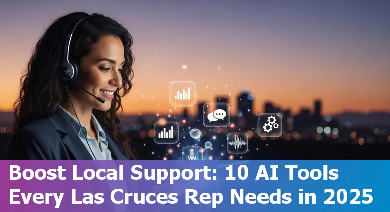 Collage of AI customer support tools logos over a Las Cruces skyline with Organ Mountains in the background.