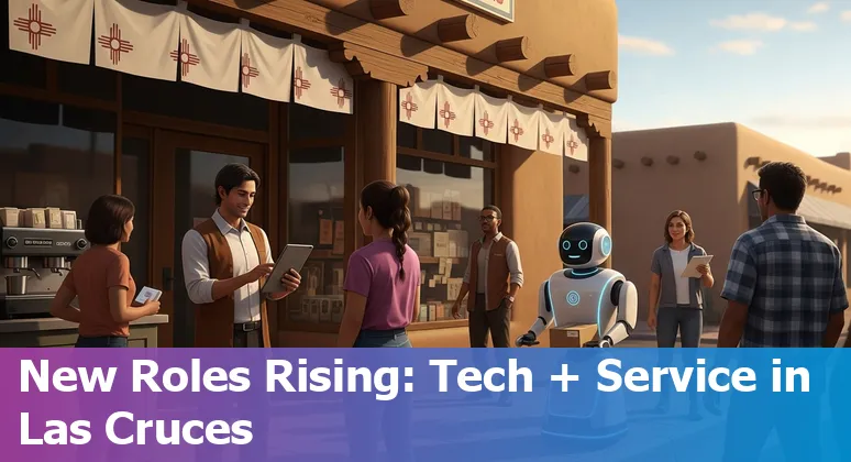 Customer service worker using AI tools in Las Cruces, New Mexico skyline background