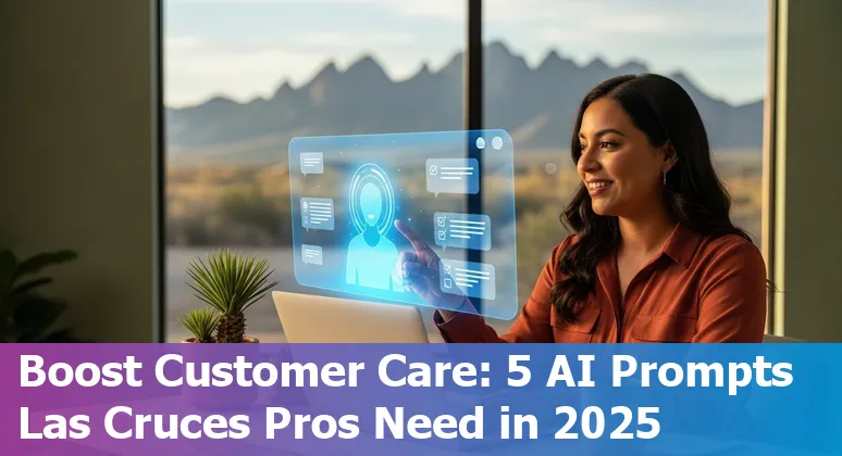 Customer service representative in Las Cruces using AI prompts on a laptop with desert mountains in the background.