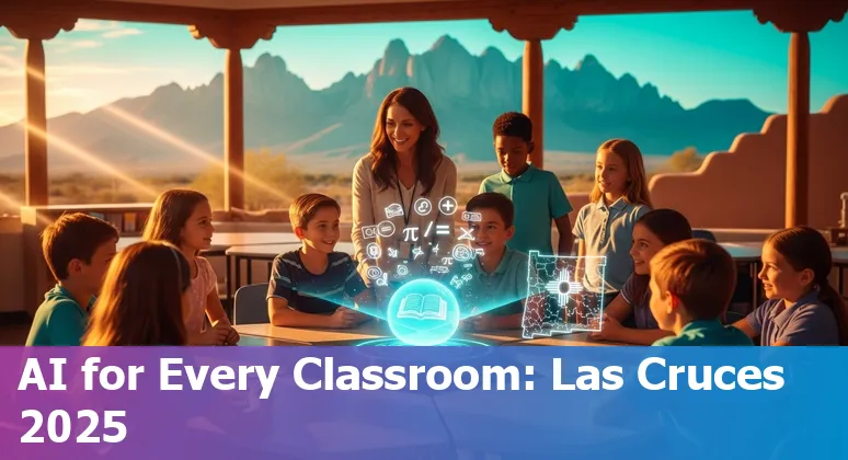 Illustration of AI in classrooms with Las Cruces, New Mexico skyline and NMSU campus in 2025