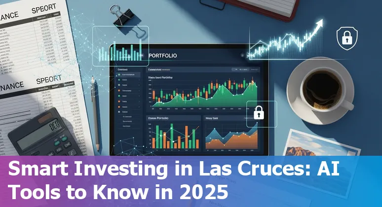 Collage of AI finance tool logos like GPT Excel, Alteryx, Finbox, Equifax, Betterment, Wealthfront, Numerai, Sift, Upstart, and Zest AI over Las Cruces skyline.