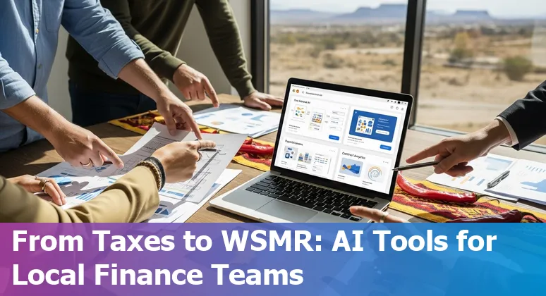 Illustration of AI financial tools and Las Cruces skyline, New Mexico, showing WSMR influence and tax forms.