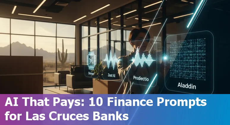 Illustration of AI applications for financial services in Las Cruces, featuring chatbots, fraud detection graphs, and portfolio analytics.