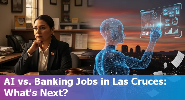 Las Cruces financial worker using AI tools on a laptop with city skyline in background.