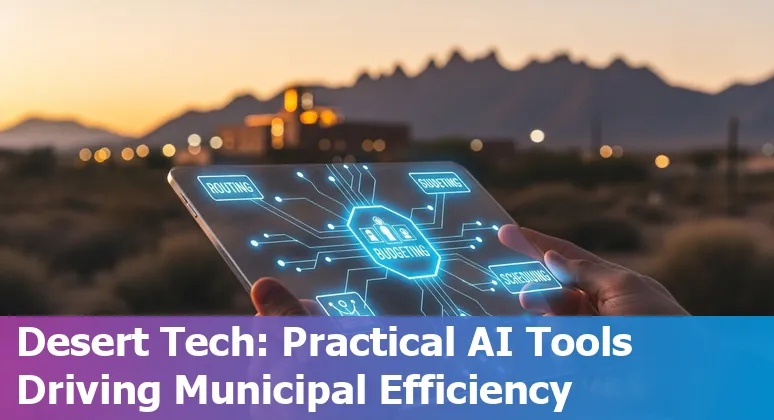 Cityscape of Las Cruces, New Mexico, US with AI data overlays showing government efficiency improvements.